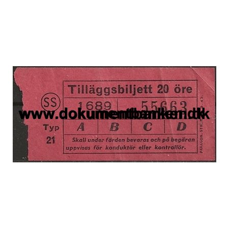 Stockholms Sporvgar Biljett 20 re Tillggsbiljett 1 september 1947