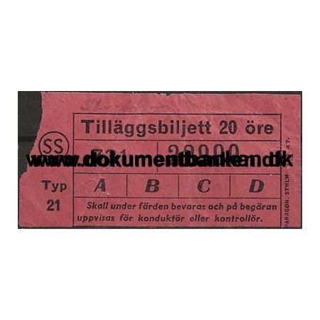 Stockholms Sporvgar Biljett 20 re Tillggsbiljett 1 september 1947