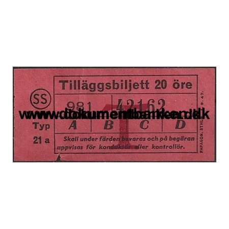 Stockholms Sporvgar Biljett 20 re Tillggsbiljett T 1 september 1947