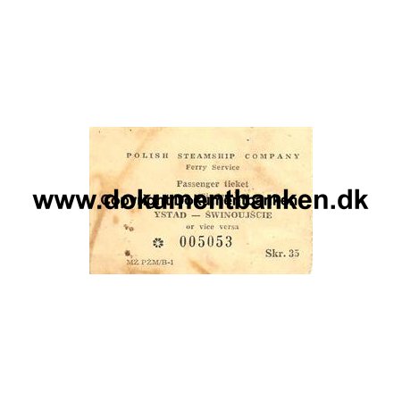 Billet Polish Steamship Company, Passenger ticket, Ystad - Swinoujscie 