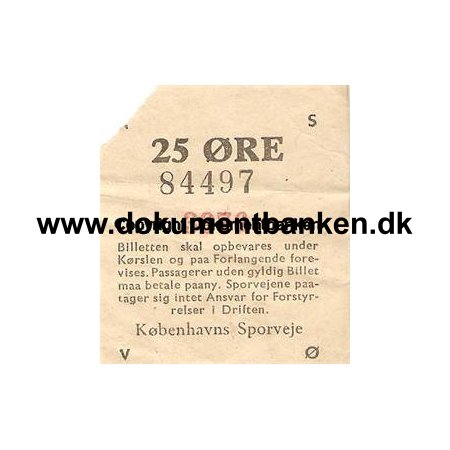 Kbenhavns Sporveje billet 25 re /  rdt Art. Nr / sort lbenr.