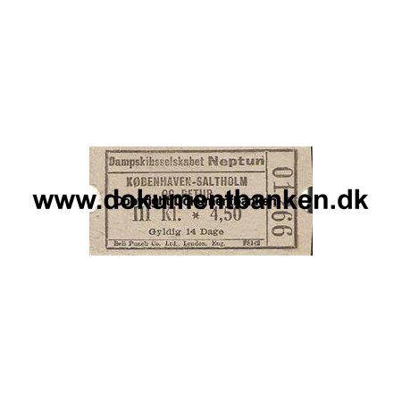 Dampskibsselskabet NEPTUN, Billet, Kbenhavn - Saltholm, 3 klasse 4,50 Kr