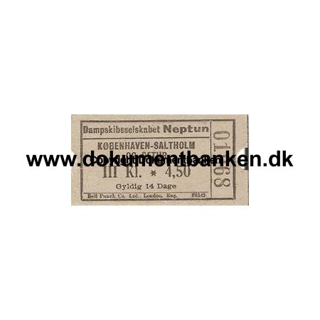 Dampskibsselskabet NEPTUN, Billet, Kbenhavn - Saltholm, 3 klasse 4,50 Kr