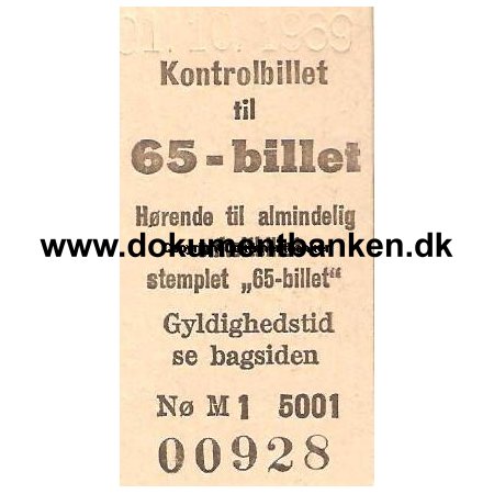 Kontrolbillet Edmonsonsk til 65 billet - 1 oktober 1969