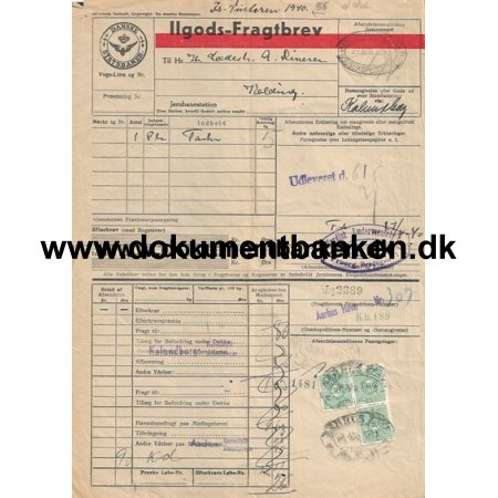 Danske Statsbaner Fragtbrev Frederiksberg - Kolding Isvinteren 1940