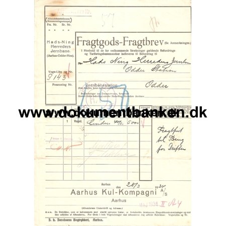 Jernbanefragtbrev fra Aarhus til Odder, 1934