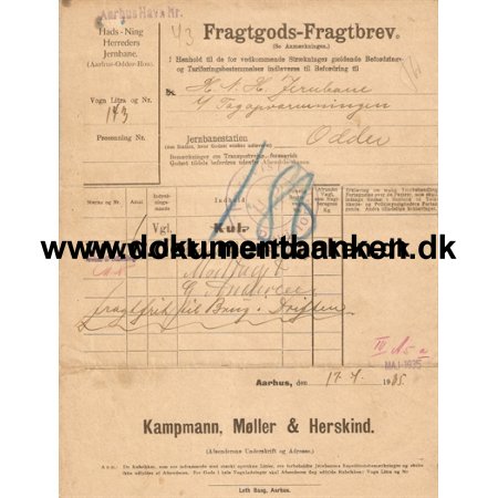 Jernbanefragtbrev fra Aarhus til Odder, 1935