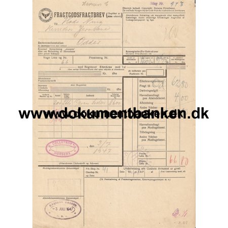 Jernbanefragtbrev, Horsens til Odder, 1947