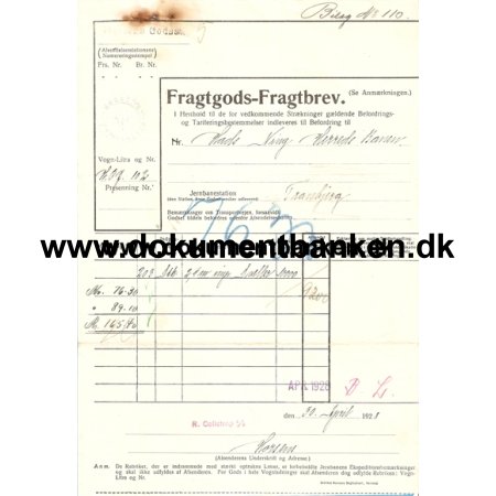 Jernbanefragtbrev, Horsens til Tranbjerg, 1928