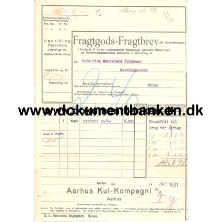 Jernbanefragtbrev, Aarhus til Odder, 1931