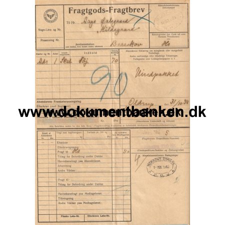 Jernbanefragtbrev, Oldrup til Braaskov, 1935