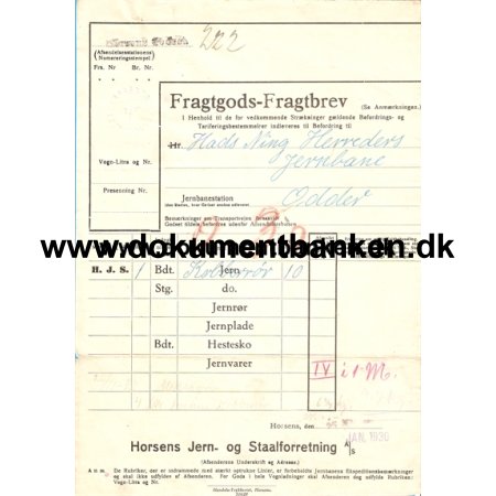 Jernbanefragtbrev, Horsens til Odder, 1930