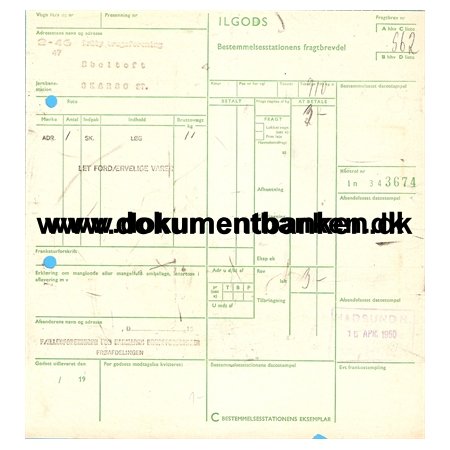 Jernbanefragtbrev, Hadsund N. til Skars St. 1960