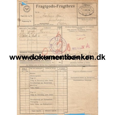 Jernbanefragtbrev Odder til Falling. H. O. J. 1934