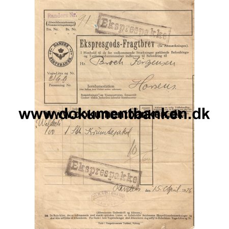 Jernbanefragtbrev, Randers til Horsens, 15 april 1926