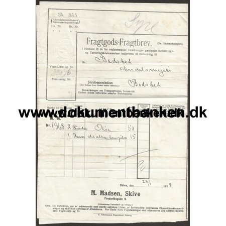 Danske Statsbaner Fragtbrev Skive - Bedsted 1929