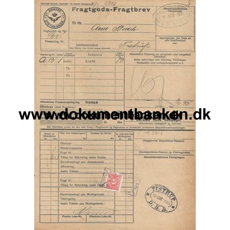 Danske Statsbaner Fragtbrev rhus - Tistrup 1935