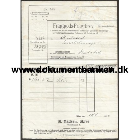 Danske Statsbaner Fragtbrev Skive - Bedsted 1929