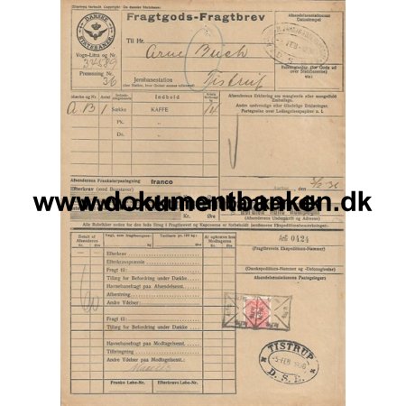 Danske Statsbaner Fragtbrev rhus - Tistrup 1936