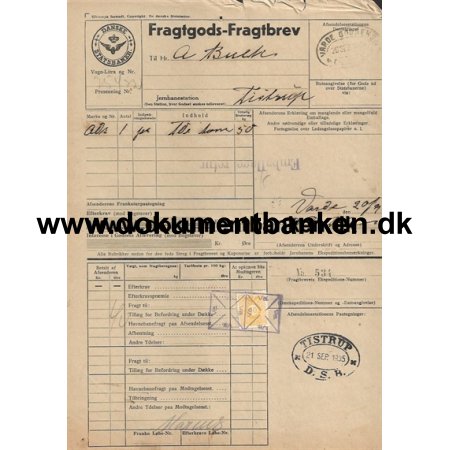 Danske Statsbaner Fragtbrev Varde - Tistrup 1935