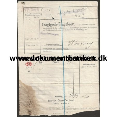 Danske Statsbaner Fragtbrev lborg - Stvring 1920