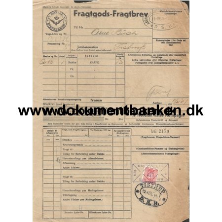 Danske Statsbaner Fragtbrev rhus - Tistrup 1937