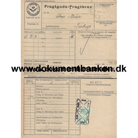 Danske Statsbaner Fragtbrev rhus - Tistrup 1932