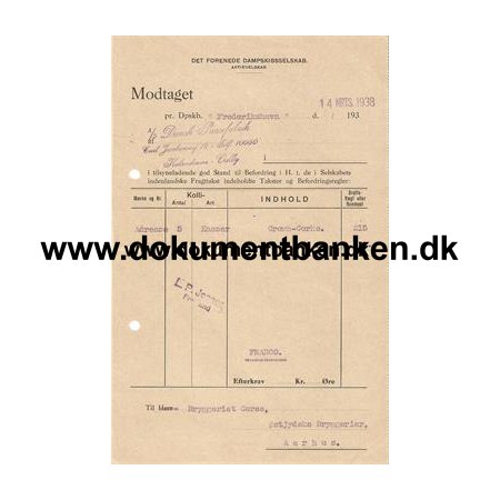 D.F.D.S. Fragtkvittering , "M.G. Melchior" 1938
