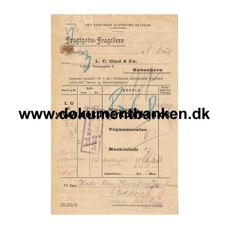 D.F.D.S. Fragtbrev / Hadsning Herreds Jernbane, Odder 1931