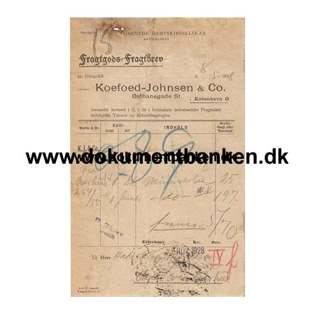 D.F.D.S. Fragtbrev / Hadsning Herreds Jernbane, Odder 1928