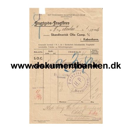 D.F.D.S. Fragtbrev / Hadsning Herreds Jernbane, Odder 1936