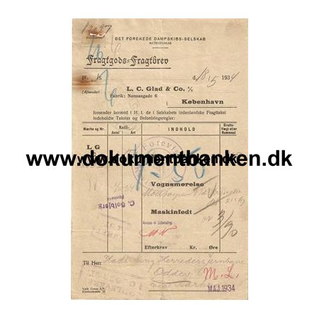 D.F.D.S. Fragtbrev / Hadsning Herreds Jernbane, Odder 1934
