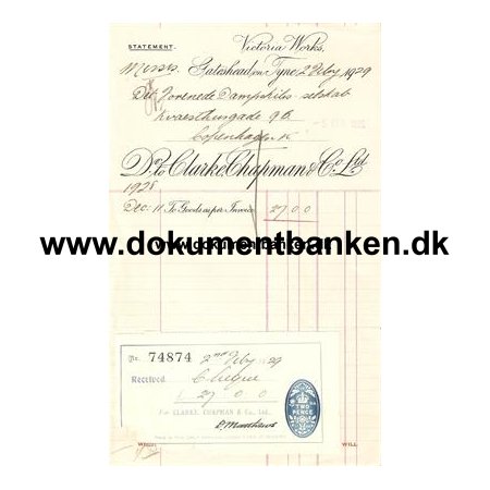 D.F.D.S. Engelsk kvittering samt afgiftsbetaling 1928