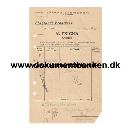 D.F.D.S. Fragtbrev S/S Aarhus" 1938