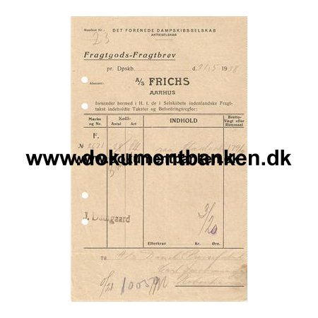 D.F.D.S. Fragtbrev S/S Aarhus" 1938