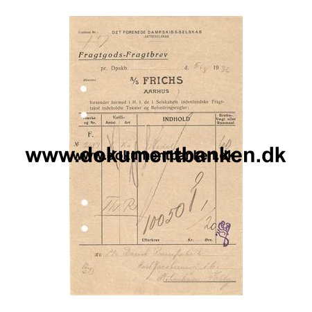 D.F.D.S. Fragtbrev S/S Aarhus" 1936