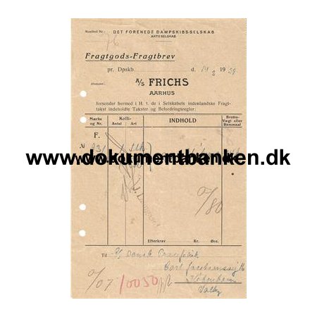D.F.D.S. Fragtbrev S/S Aarhus" 1939