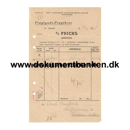 D.F.D.S. Fragtbrev M/S C . F. Tietgen" 1938