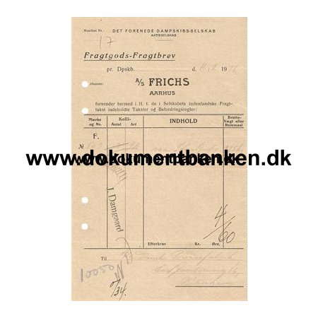 D.F.D.S. Fragtbrev M/S "C.F.Tietgen" 1938