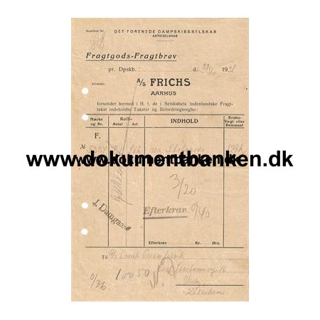 D.F.D.S. Fragtbrev M/S "C.F.Tietgen" 1938