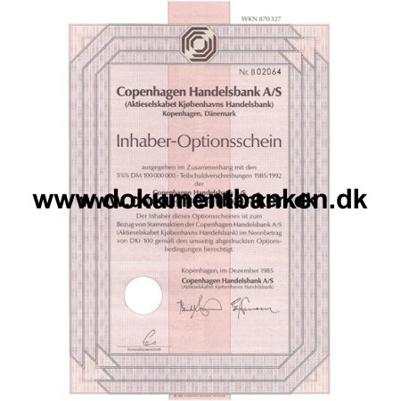 Kbenhavns Handelsbank A/S Aktieoption 1985