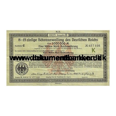 8-15 zinsige Schatzanweissung Deutches Reich 1 million Mark 1923