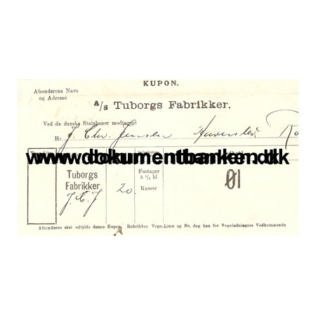 Kvitterings kupon for fragtbrev A/S Tuborgs Fabrikker til Rrbk 1923