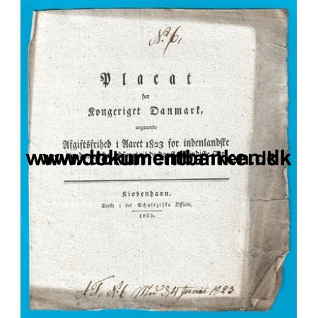 1823 Placat, Afgiftsfrihed, Indenlandske produkter til De Dansk Vestindiske er.