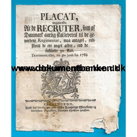 1768 Placat, Vedrrende rekrutter / hvervning til regimenterne.