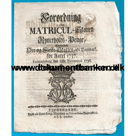1737 Forordning, Vedrrende MATRICUL skatten og Rytterholds penge.