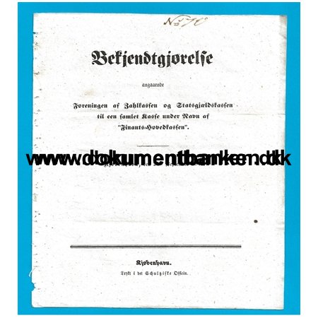 1849 Bekendtgrelse Vedrrende Finanshovedkassen.