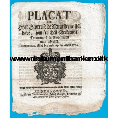 Placat, Strrelse p Mursten fra Teglvrkerne, 1752