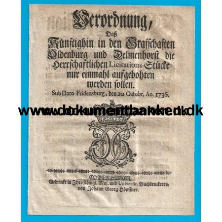 Forordning for Grevskabet Oldenburg med Licitationstilbud 1736
