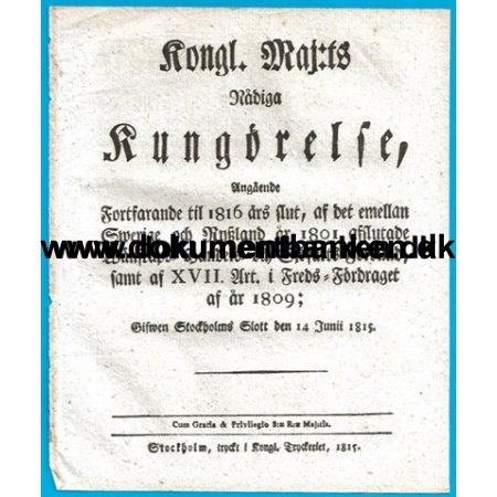 Kungrelse Forlngelse Venskabs- Handels- og Sfarts-Frbund med Rusland 1815